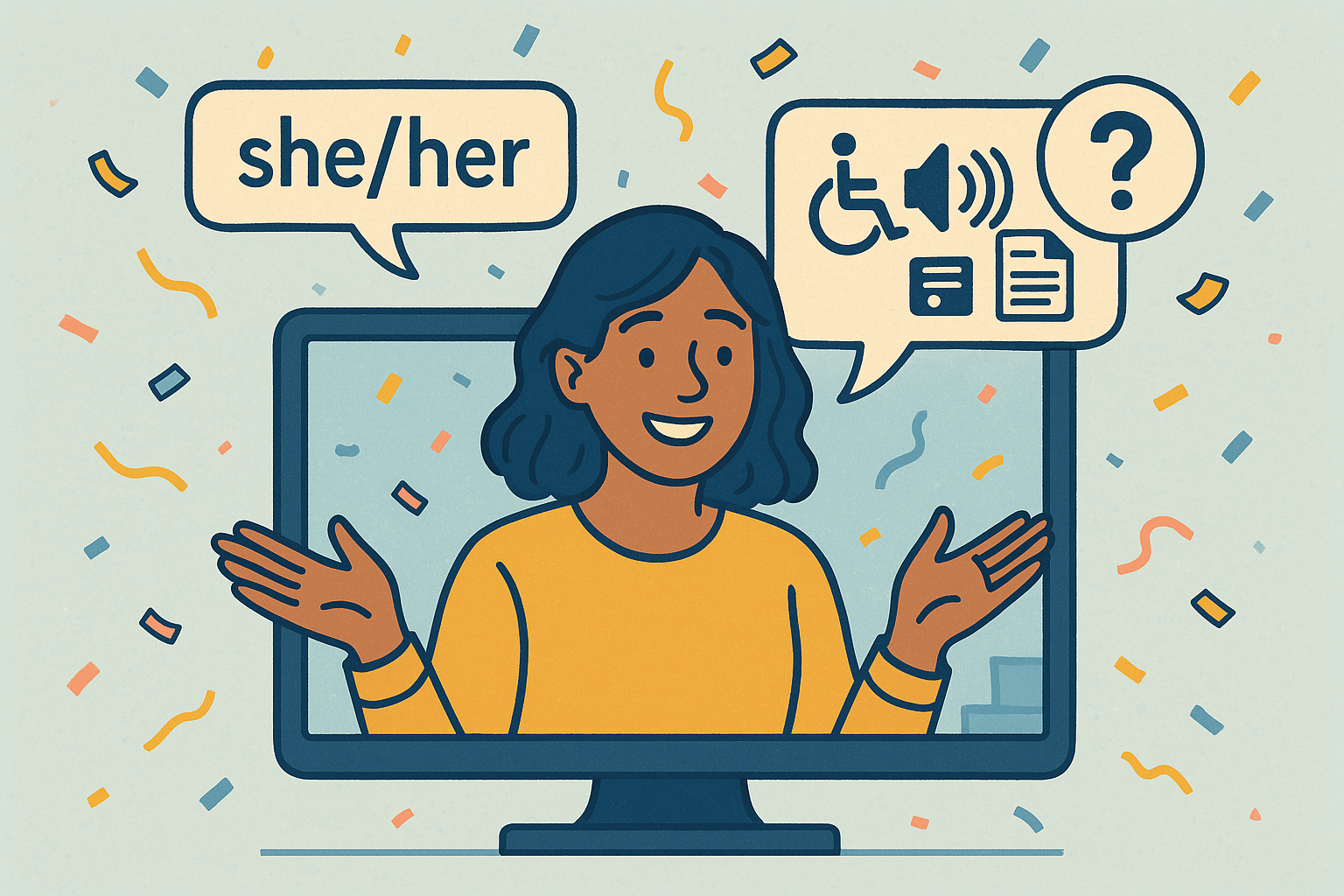 Illustration: video‑call presenter with “she/her,” access icons, and “Any preferences?” bubbles amid confetti.
