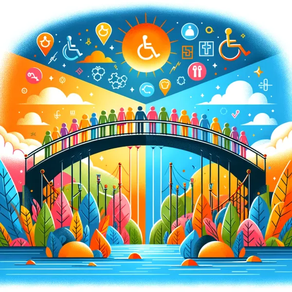 Bright bridge connecting people, with accessibility symbols
