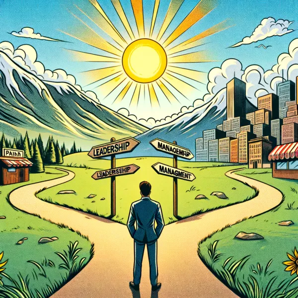 Cartoon of individual at a career fork: leadership hill vs. management city