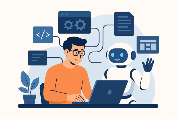 Flat illustration: developer at laptop coding with friendly robot assistant. Floating code snippets and icons show project context, highlighting human-AI collaboration.